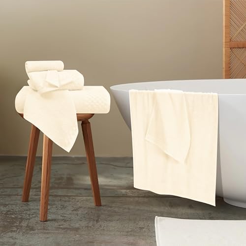 MyOwn Premium Cotton 6 Pack Towel Set for Bathroom, Contains 2 Bath Towels 28x55 inch, 2 Hand Towels 16x24 inch & 2 Wash Coths 12x12 inch, Ideal Everyday use, Compact & Lightweight - Ivory