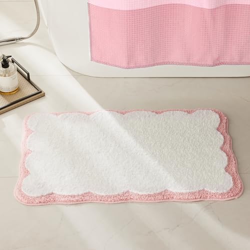 Luxury Microfiber Bathroom Rugs, White Bath Rug with Pink Scalloped Piping Cute Aesthetic Girly Bath Mat for Women's Bathroom, Tub, Floor Carpet, Sink, Shower, Anti Slip, Absorbent, 32x20