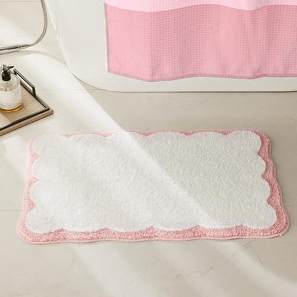Luxury Microfiber Bathroom Rugs, White Bath Rug with Pink Scalloped Piping Cute Aesthetic Girly Bath Mat for Women's Bathroom, Tub, Floor Carpet, Sink, Shower, Anti Slip, Absorbent, 32x20
