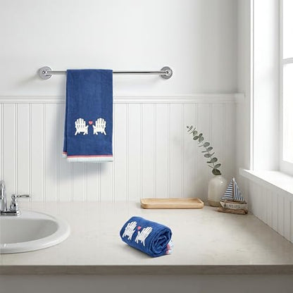 Ritz 2-Piece Cotton Velour Bathroom Hand Towel Set, Embroidered Adirondack Chair Design, Navy Blue Decorative Towels for Lake House, Cottage, or Cabin Decor, 16” x 26”