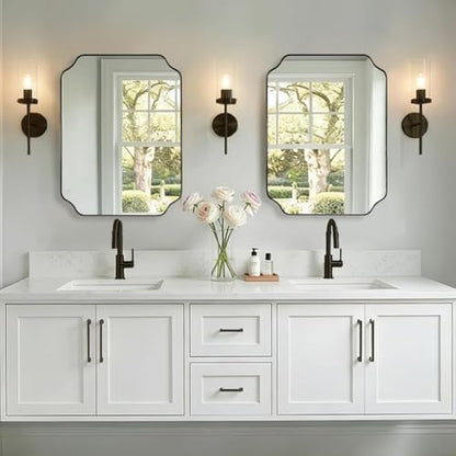MIRRORART 20x28’’ Scalloped Bathroom Mirrors, Black Metal Framed Decorative Wall Mirror, Elegant Rectangle Vanity Mirror for Bathroom, Bedroom & Entryway, Modern Farmhouse Home Remodel