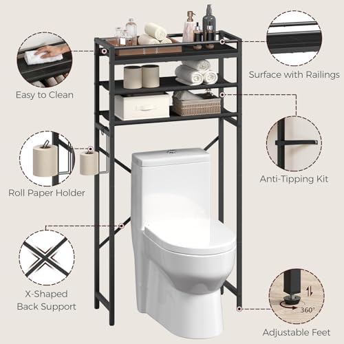 MAHANCRIS Over Toilet Storage, 3-Tier Bathroom Organizer Shelf with Toilet Paper Holder, Freestanding Space Saver Bathroom Shelves Above Toilet for Bathroom, Laundry Room, Black TSBK1201
