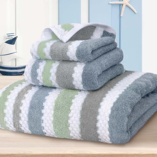 VOOVA & MOVAS Waffle 3PC Towel Set, Cotton, Navy Grey Green White