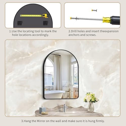 GLASHOM 20"x28" Black Arched Mirror for Bathroom, Wall Mounted Mirror, Aluminum Alloy Brushed Framed Wall Mirror, Anti-Rust, Large Mirror for Over Sink, Bedroom, Entryway Vertically Hanging