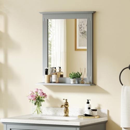 CHARMAID Bathroom Mirror with Shelf - 27" x 22.5" Wall Mirror Over Bathroom Sink, Wooden Frame Modern Rectangular Hanging Vanity Makeup Mirrors for Washroom, Entryway (Gray,27" L x 22.5" W)
