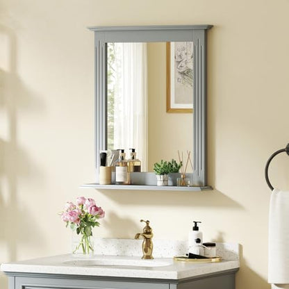 CHARMAID Bathroom Mirror with Shelf - 27" x 22.5" Wall Mirror Over Bathroom Sink, Wooden Frame Modern Rectangular Hanging Vanity Makeup Mirrors for Washroom, Entryway (Gray,27" L x 22.5" W)