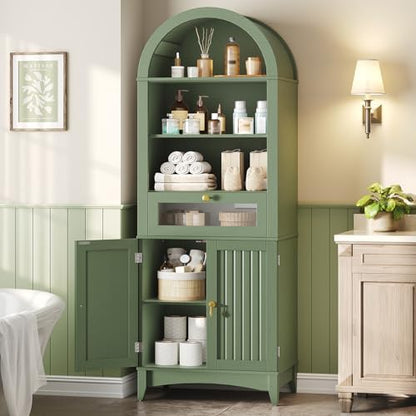 RALGEND 66" Tall Bathroom Storage Cabinet with Flip Drawer, Freestanding Storage Cabinet with Doors & Shelves,Arched Cabinets for Bathroom, Living Room, Kitchen, Laundry, Green