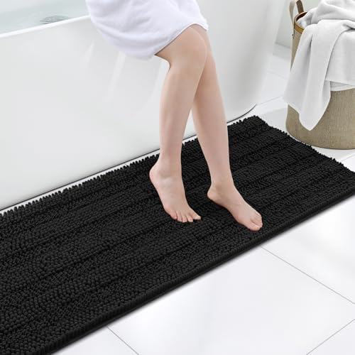 Grandaily Chenille Striped Bathroom Rugs 47x20, Extra Thick and Soft Absorbent Bath Mats, Rubber Backing, Plush Shaggy Shower Carpet, Machine Wash Dry, Bath Rug for Bathroom, Deep Black