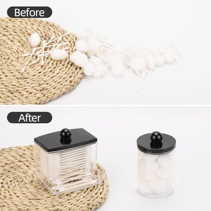 Tbestmax 2 Pack Qtips Dispenser - Bathroom Organizers and Storage Containers, Plastic Apothecary Jars with Black Lids for Cotton Swab, Cotton Round Pads, Floss