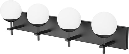Ralbay Mid Century Modern Vanity Lights 4-Light Mid Century Modern Bathroom Light Fixtures Over Mirror, Milky Glass Globe Matte Black Bathroom Wall Light Fixture (Exclude Bulb)