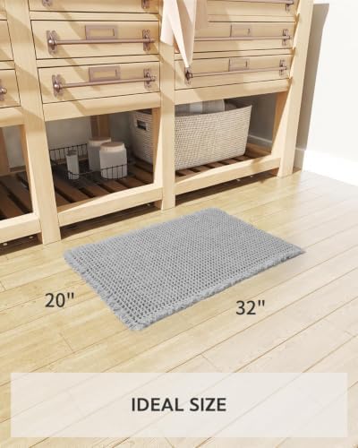 tchdio Waffle Bath Mat Rug, Super Absorbent Non Slip Bath Mats Ultra Soft Bathmat Machine Washable Bathroom Rugs with Tassels, Bath Rugs for Bathroom Floor Beside Tub, 20" x 32", Light Grey