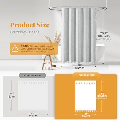 BTTN 60x72 Boho Farmhouse Linen Heavy Duty Shower Curtain Set, Grey/Gray