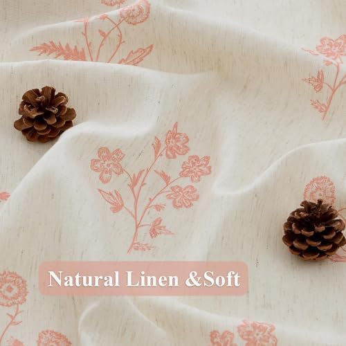 ORTIGIA Linen Shower Curtain Farmhouse Vintage Pink Floral Shower Curtains Boho Rustic Block Print Cottagecore Decor for Bathroom 72 W x 72 L