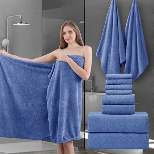 Ycosy 8-Piece Bath Towels Set,2 Oversized Large Bath Sheet,2 Hand Towels and 4 Washcloths - 600 GSM Soft Microfiber Highly Absorbent Quick Dry Shower Towel for Bathroom Hotel and Spa,Air Force Blue