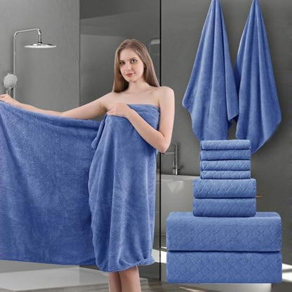 Ycosy 8-Piece Bath Towels Set,2 Oversized Large Bath Sheet,2 Hand Towels and 4 Washcloths - 600 GSM Soft Microfiber Highly Absorbent Quick Dry Shower Towel for Bathroom Hotel and Spa,Air Force Blue
