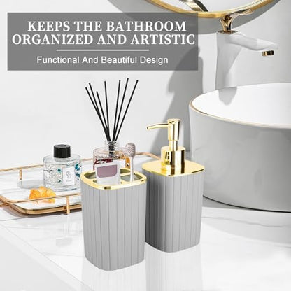 Grey Bathroom Soap Dispenser and Toothbrush Holder for Boho Bathroom Decor