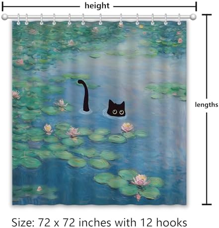 APROPHIC Cat Shower Curtain, Boho Modern Cute Girly Bathroom Curtain, Black Cartoon Cat Lotus Leaves and Flowers Pond Curtain Set, Waterproof Bathroom Home Decor Set with Hooks, 72X72 Inches