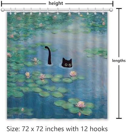 APROPHIC Cat Shower Curtain, Boho Modern Cute Girly Bathroom Curtain, Black Cartoon Cat Lotus Leaves and Flowers Pond Curtain Set, Waterproof Bathroom Home Decor Set with Hooks, 72X72 Inches