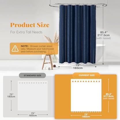 BTTN 72x84 Long Boho Farmhouse Linen Heavy Duty Shower Curtain, Navy Blue