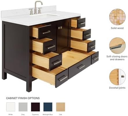 ARIEL Cambridge 48-inch Bathroom Vanity with Sink,Solid Wood, 1.5-inch Carrara White Quartz Countertop, Single Rectangular Porcelain Sink, 2 Soft Closing Doors, 9 Dovetail Drawers, Espresso