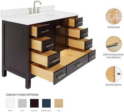 ARIEL Cambridge 48-inch Bathroom Vanity with Sink,Solid Wood, 1.5-inch Carrara White Quartz Countertop, Single Rectangular Porcelain Sink, 2 Soft Closing Doors, 9 Dovetail Drawers, Espresso