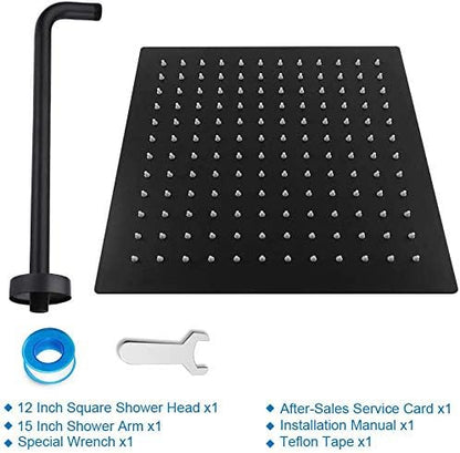 NearMoon Square Rain Shower Head With Extension Arm, Large Stainless Steel Rainfall Shower-Waterfall Full Body Coverage (12 Inch, Matte Black)