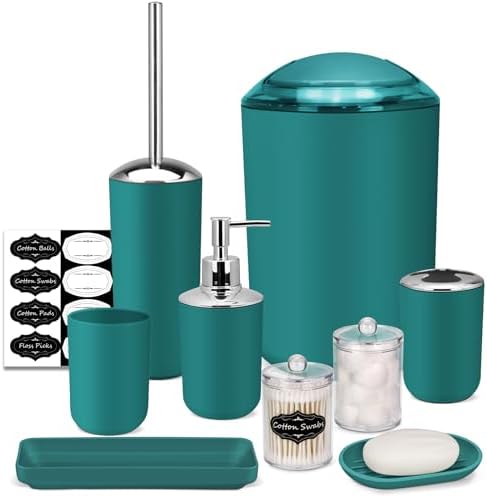 IMAVO Bathroom Accessories Set,Peacock Green Bathroom Set,9 Pieces Bathroom Accessory Set,Tray,Qtip Holders,Toilet Brush,Trash Can for Bathroom Décor and Home Gifts