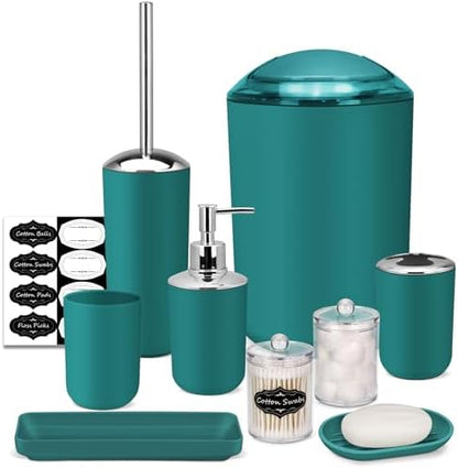 IMAVO Bathroom Accessories Set,Peacock Green Bathroom Set,9 Pieces Bathroom Accessory Set,Tray,Qtip Holders,Toilet Brush,Trash Can for Bathroom Décor and Home Gifts