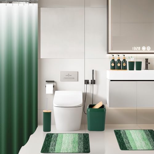 32PCS Dark Green Bathroom Accessories Set with Shower Curtain,Rugs,Trash Can,3PCS Lotion Soap Dispenser, Toothbrush Holder, Soap Dish,Tumbler Cup,6PCS Wood Tags Bath Accessories with Tray for Bathroom