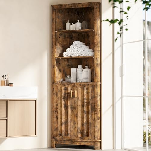 INNOD 69" Tall Corner Shelf with Doors, 6-Tier Corner Storage Cabinet with Doors, Space Saver Shelf for Bathroom, Bathroom Floor Cabinet for Living Room Kitchen, Hallway