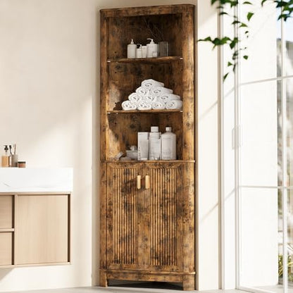 INNOD 69" Tall Corner Shelf with Doors, 6-Tier Corner Storage Cabinet with Doors, Space Saver Shelf for Bathroom, Bathroom Floor Cabinet for Living Room Kitchen, Hallway
