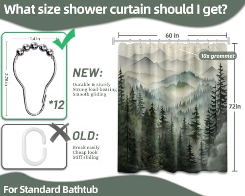 Sage Green Forest Shower Curtain, 60X72 in, Mountain Rustic Pine Tree
