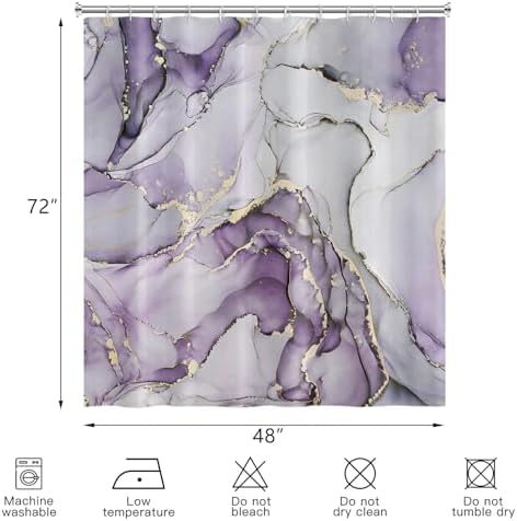 Purple Marble Shower Curtain, Modern Abstract Luxury Purple Gold Ink Texture Watercolor Art Bathroom Curtains Ombre Machine Washable Waterproof Fabric Bathtub Curtain Set with Hooks 48" Wx72 L