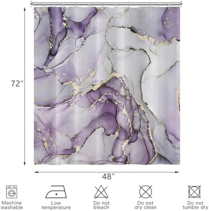 Purple Marble Shower Curtain, Modern Abstract Luxury Purple Gold Ink Texture Watercolor Art Bathroom Curtains Ombre Machine Washable Waterproof Fabric Bathtub Curtain Set with Hooks 48" Wx72 L