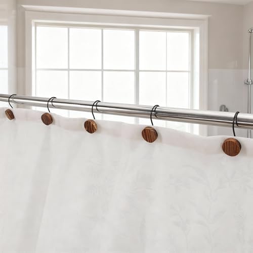 Wood Shower Curtain Hooks Rust Proof, Boho Shower Curtain Hooks Decorative, 24 Pack Shower Hooks for Shower Curtain, Shower Curtain Hangers Hooks (Brown,24)