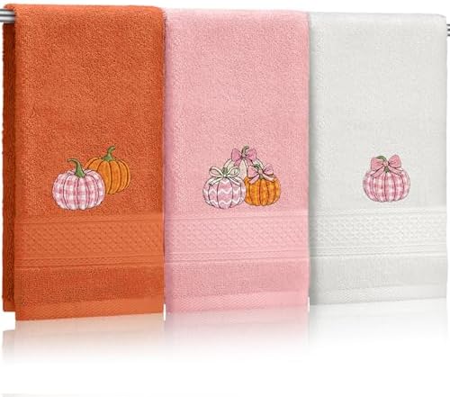FuWeave 3 Pcs Pink Fall Pumpkin Hand Towels for Bathroom
