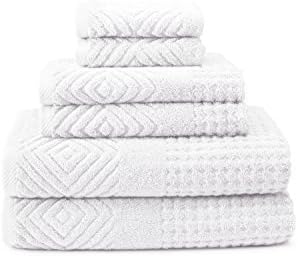 Texere 100% Organic Cotton Diamond Jacquard 700 GSM Luxury Bath Towel Sets, Soft and Absorbent Hotel Quality, Bath Towels, Hand Towels, Washcloths (Diamond, Bright White, 6 Piece)