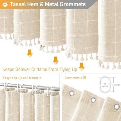 BTTN 108x72 Boho Farmhouse Linen Heavy Duty Shower Curtain Set, Cream/Beige