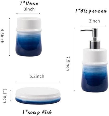 Blue Bathroom Accessories 3 Pcs, Ceramic Bathroom Accessory Set, Navy Blue Bathroom Set Include Dispenser,Soap Dish and Vase, Modern Bathroom Decor