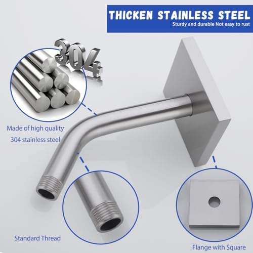 6-Inches Wall Mounted Shower Pipe Arm Extension for Fixed Shower Head, Shower Arm with Flange, Made of 304 Stainless Steel Shower Extension Extender Pipe, Never Rust Brushed Nickel,SW-91018-6BN-SQ.