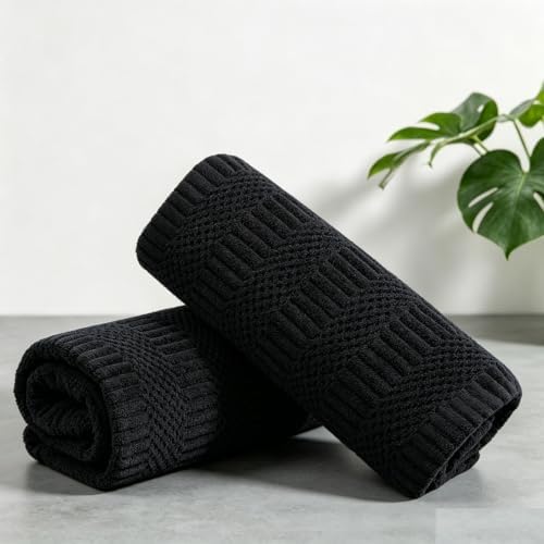 2 Piece Black Geometric Hand Towel Set 16"x31" Soft Highly Absorbent Quick Dry Bathroom Towels Microfiber Plush Towels Set Woven Towels for Kitchen Hotel Spa Gym
