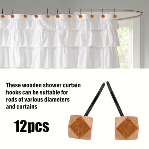 Decorative Shower Curtain Hooks, Wood Shower Curtain Rings, Modern Polygon Wood Shower Curtain Hangers, 12PCS Shower Hooks for Shower Curtain Rod, Bathroom, Bedroom, Living Room (Black)