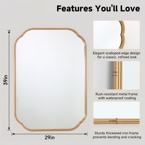 39"x29" Gold Scalloped Mirror for Bathroom, Rust-Proof Metal Frame