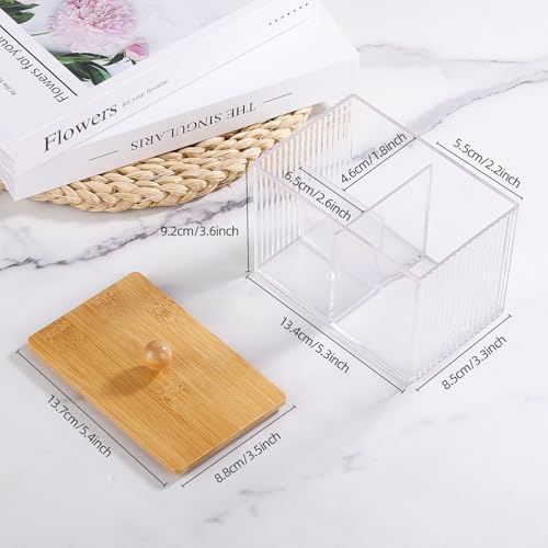 Qtip Holder with Bamboo Lids, 3 Compartments Cotton Ball/Swabs Dispenser, Apothecary Jar Clear Plastic Bathroom Container for Storage and Organizer