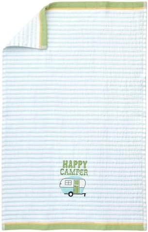 Ritz 2-Piece Cotton Velour Bathroom Hand Towel Set, Embroidered Happy Camper Design, Soft Pinstripe Decorative Bathroom Towels for RV, Cabin, or Home Decor, 16” x 26”