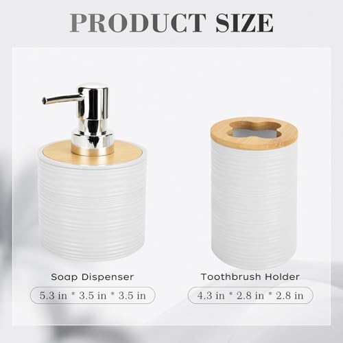 2PCS White Bathroom Set, Soap Dispenser, Dish & Bamboo Holder, Rustic