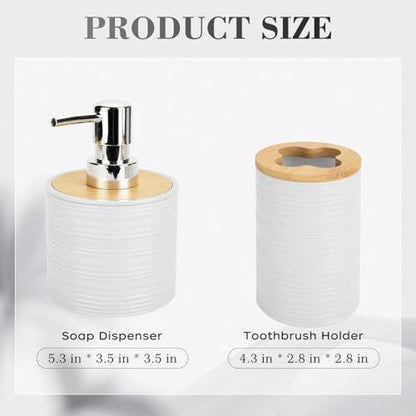 2PCS White Bathroom Set, Soap Dispenser, Dish & Bamboo Holder, Rustic