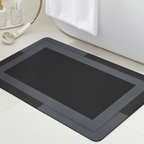 ACCUMTEK Non Slip Bath Mat, Thin Bathroom Rugs Fit Under Door, Quick Dry Bath Mats, Machine Washable Bath Rugs for Bathroom, Bathtub & Kitchen, Bathtub, Black/Bordered/36 x24