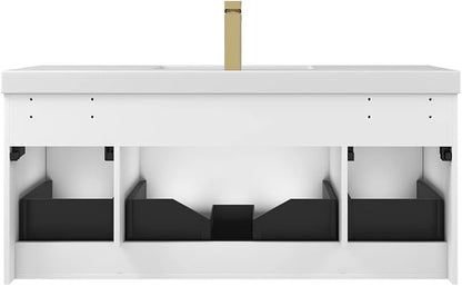 Blossom 48 Inch Floating Bathroom Vanity with Sink | Luxury Solid Plywood Wall Mounted Cabinet | Moisture-Resistant Modern Design | Seamless Acrylic Sink | Soft-Close Drawers | Matte White