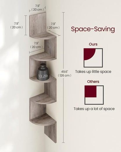 VASAGLE Corner Shelf Wall Mount, 5-Tier Floating Corner Bookshelf, Plant Shelf for Bedroom, Living Room, Bathroom, Home Office, Heather Greige